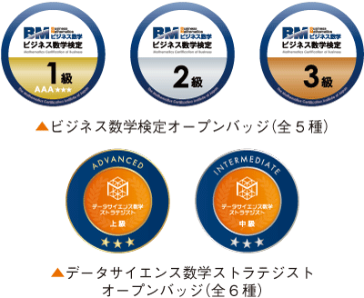 ビジネス数学検定オープンバッジ(全5種)とデータサイエンス数学ストラテジスト<span>オープンバッジ(全6種)の画像