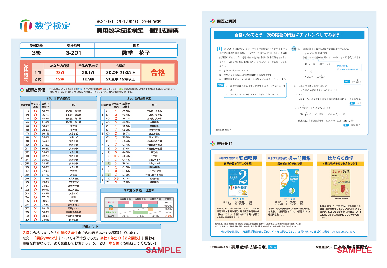 個別成績票サンプル 数学検定3級表面・裏面