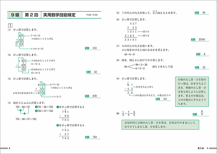 「過去問題集」算数検定９級 別冊中面（解答と解説）