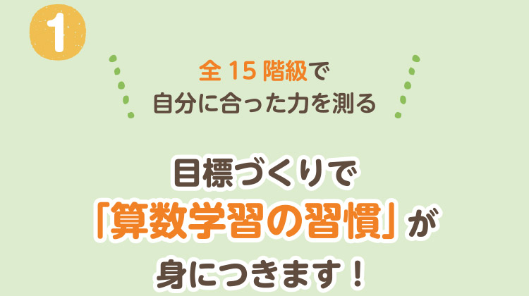 全15階級で自分に合った力を測る 目標づくりで「算数学習の習慣」が身につきます！